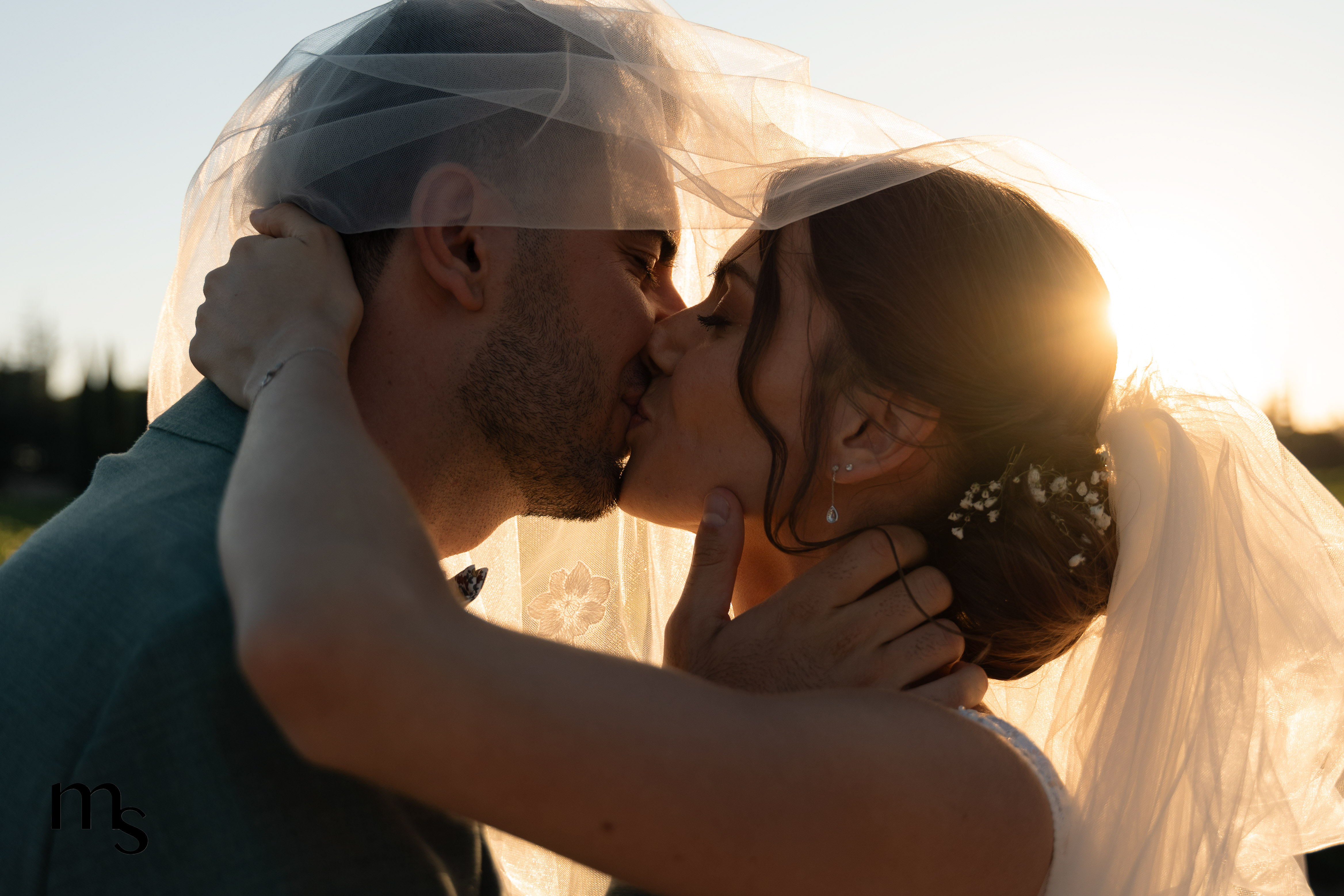 mariés s'embrassant sous le voile de la mariée, dans un domaine près d'Aix-en-Provence